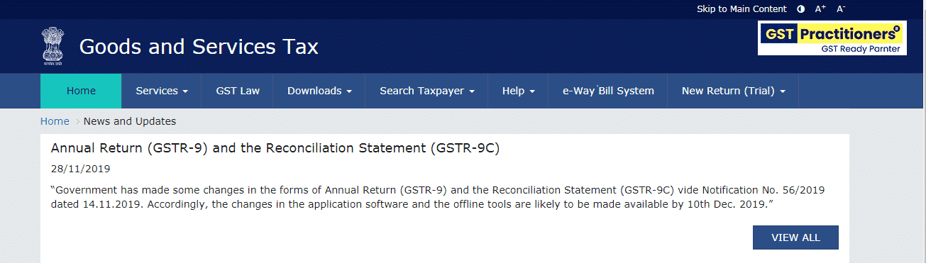 Changes in GSTR-9 and GSTR-9C available in portal by 10th Dec 2019