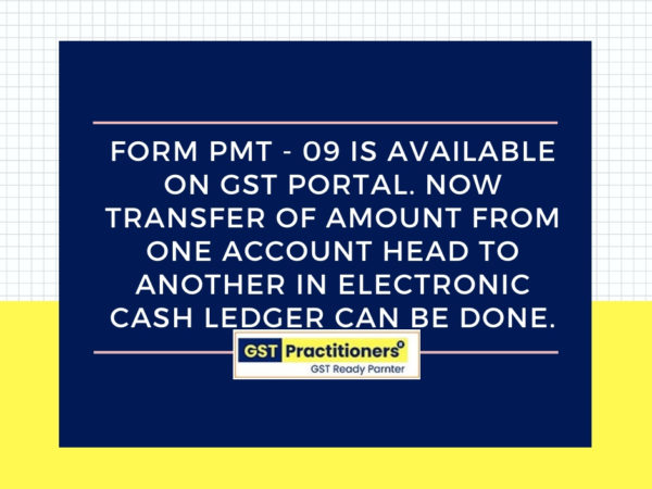 Transfer of Tax amount from one account head to another in electronic cash ledger can be done through Form PMT 9.