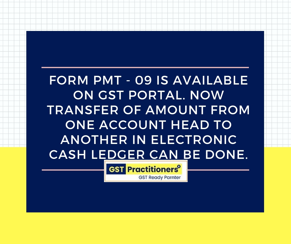 Transfer of Tax amount from one account head to another in electronic cash ledger can be done through Form PMT 9.