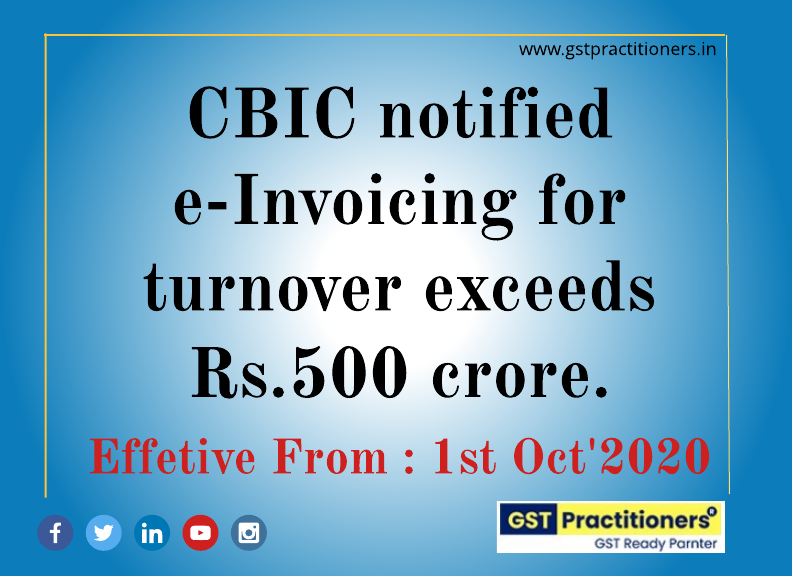CBIC notified e-invoicing for turnover exceeds Rs.500 crore from 1st October’2020.